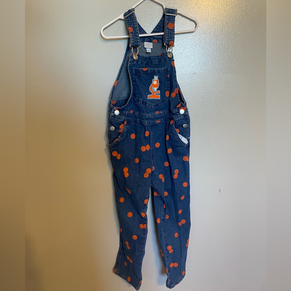 Kids 5t overalls with orange polka dots
